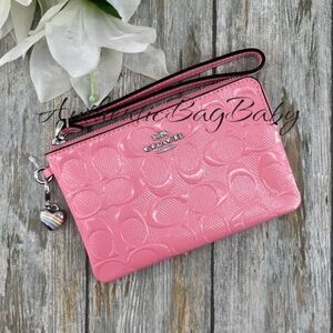 Coach Corner Zip Wristlet In Signature Leather With Heart Charm Wallet